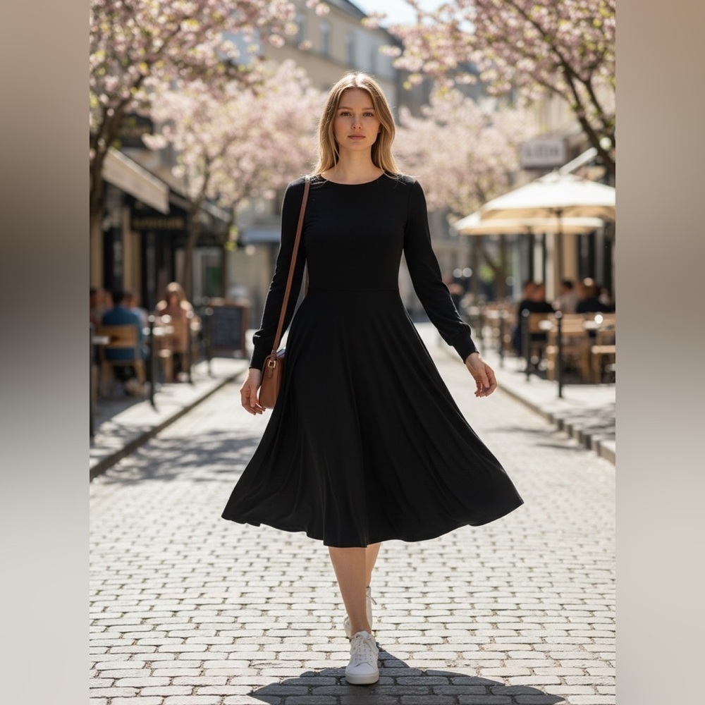 Black Long-Sleeve Pleated Waist Dress